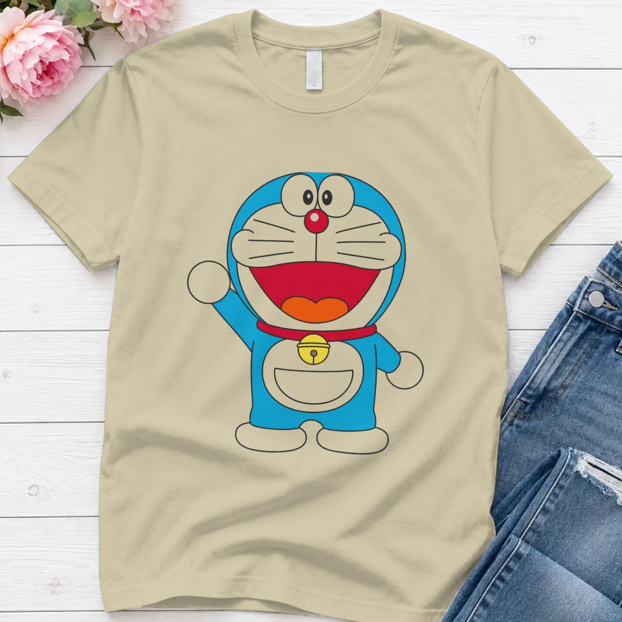 Summer Clothing Drawing - 原宿風Tシャツ、夏用、漫画風イラスト、ドラえもん、ファッションTシャツ、メンズ向け、コットン素材、おしゃれな衣類。
